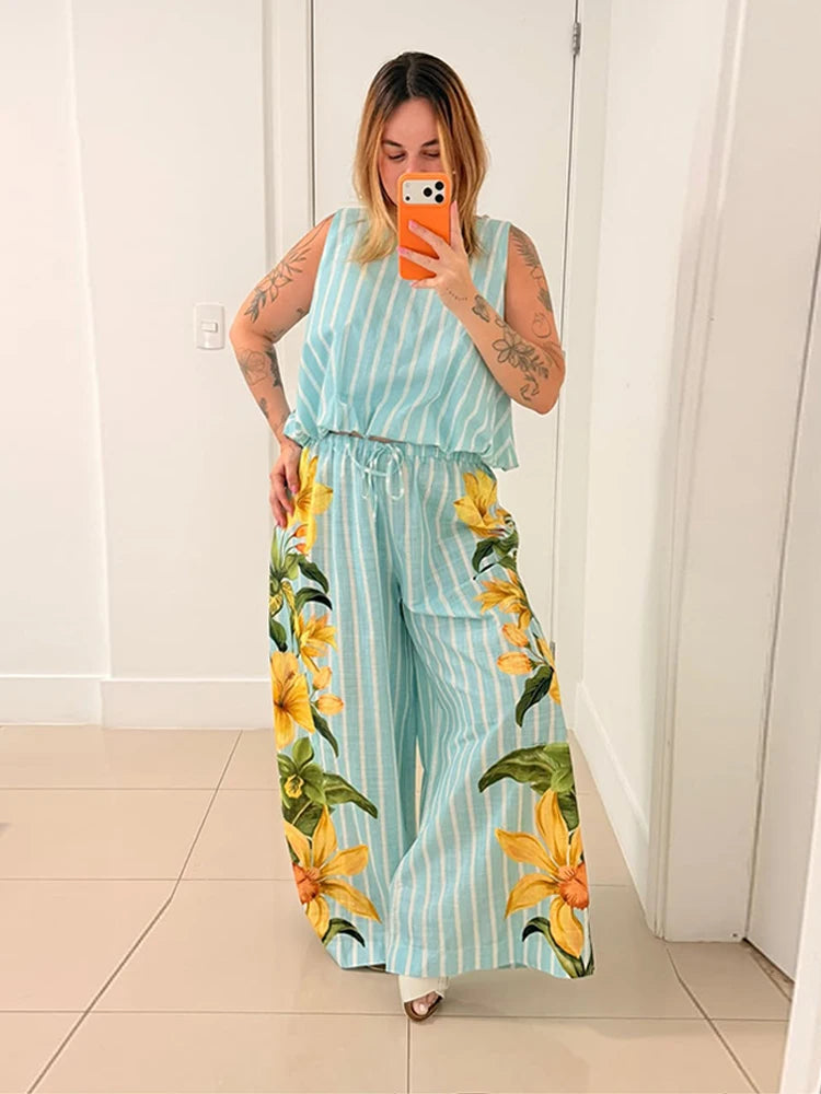 Beach Striped Print Women's Set Sleeveless O-neck Loose Top Wide Legs Pants Female Sets 2026 Summer Vacation Lady Trousers Suit